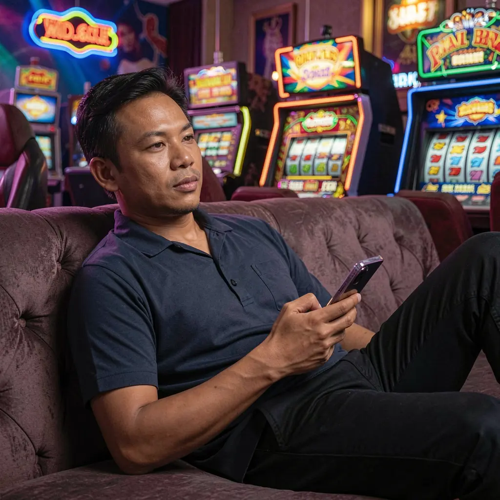 Confident Filipino user interacting with the BEAR JL app on a phone while relaxing in a colorful casino environment with slot machines and neon lights