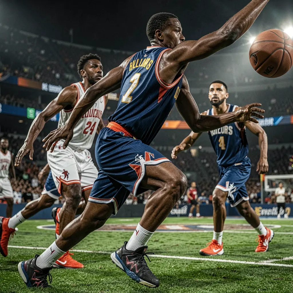 Intense basketball moment with players battling for control under bright stadium lights illustrating the excitement of BEAR JL betting in the Philippines