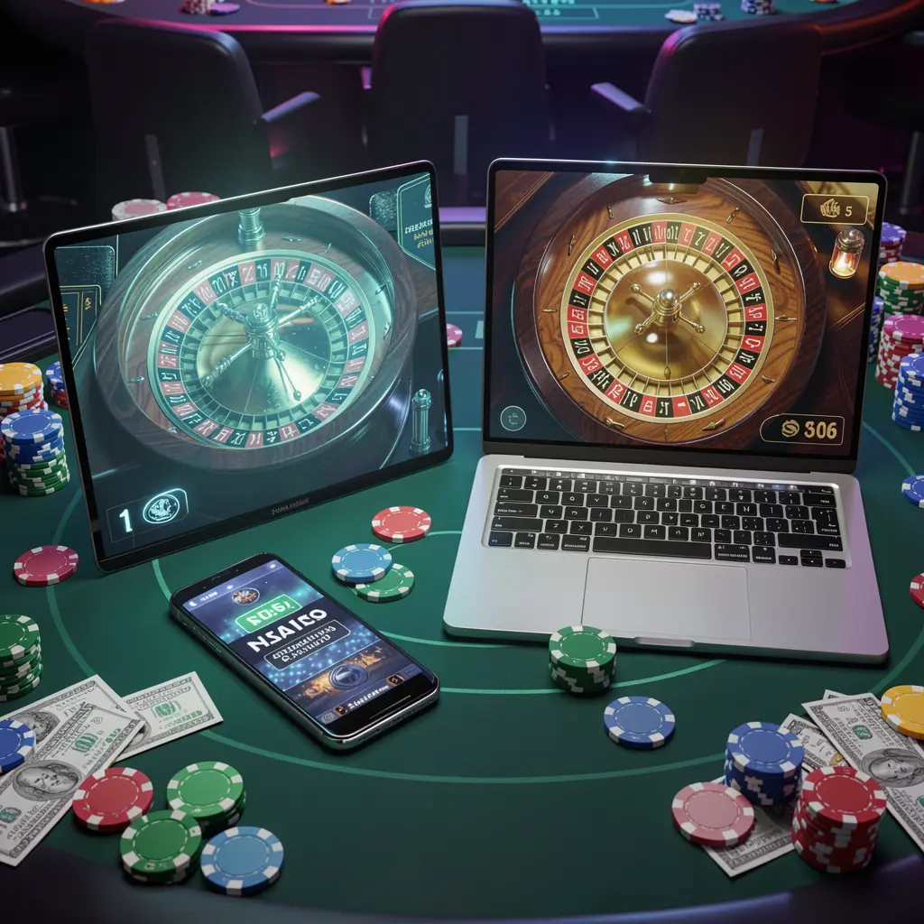Modern online casino experience with live roulette gameplay on a laptop and smartphone surrounded by chips and cash showcasing BEAR JL in the Philippines