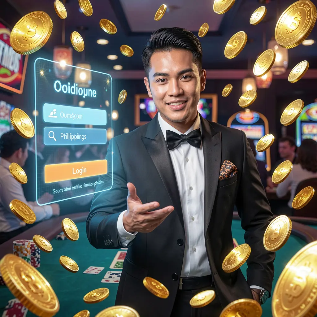 Stylish Filipino casino ambassador surrounded by golden coins pointing forward in front of a BEAR JL login interface representing trusted access
