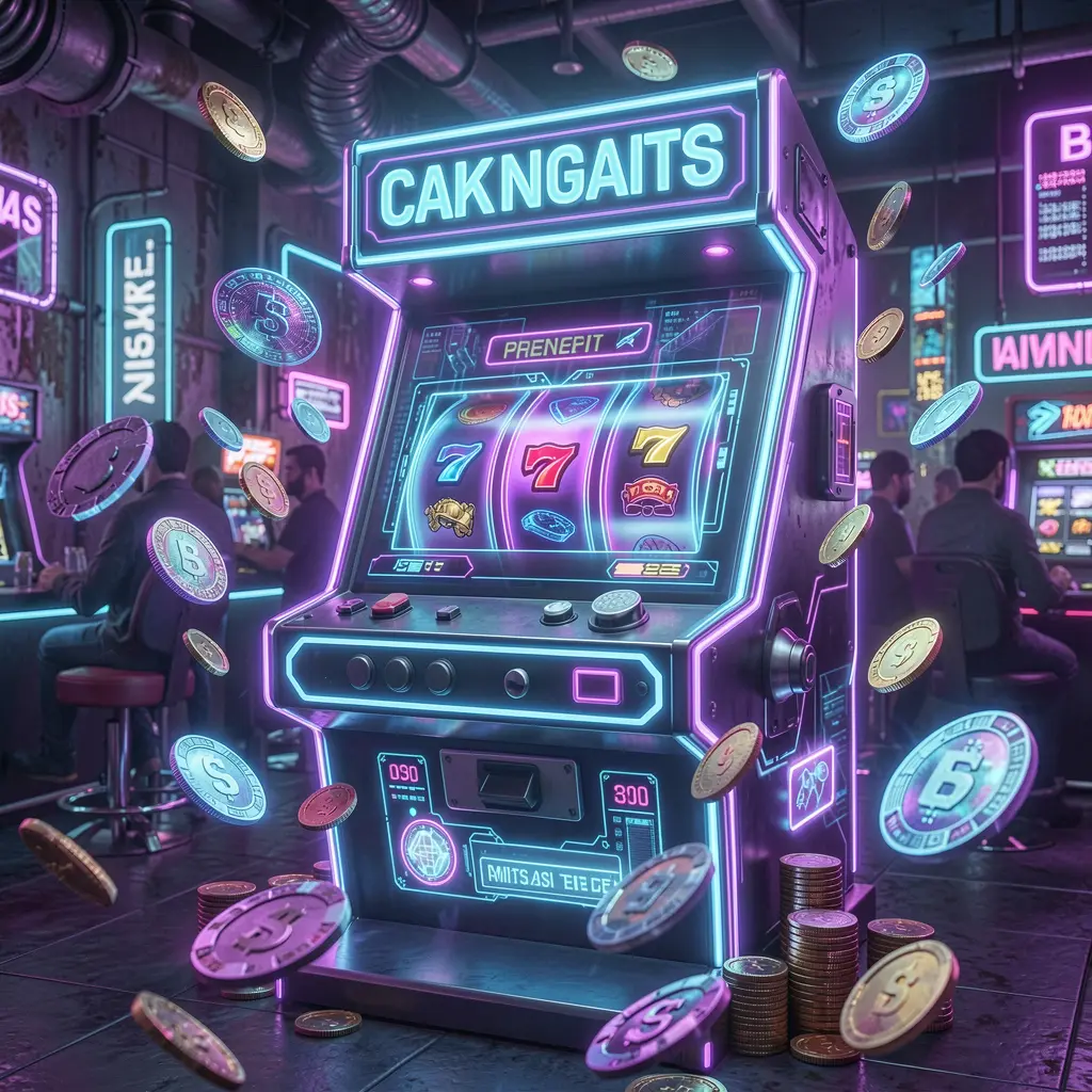 Futuristic slot machine with neon lights and flying coins representing high energy slot gaming at BEAR JL for players in the Philippines